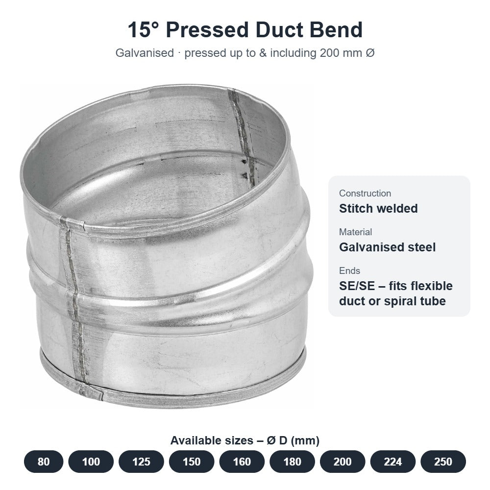 15° Pressed Duct Bend – Galvanised, 80mm to 250mm Diameter