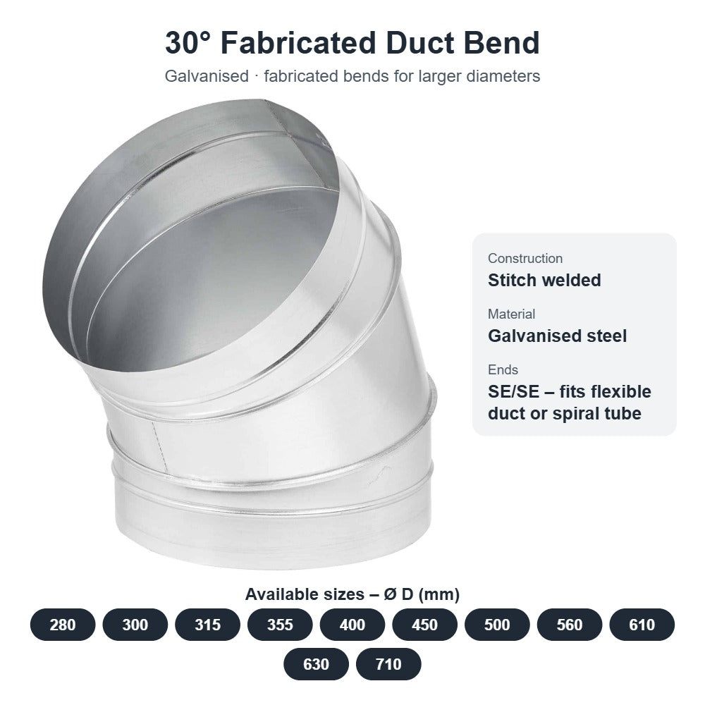 30° Fabricated Duct Bend – Galvanised, 280mm to 710mm Diameter