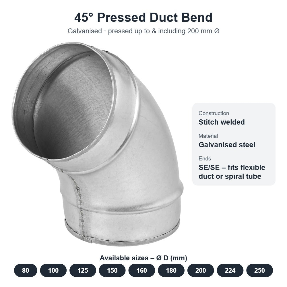 45° Pressed Duct Bend – Galvanised, 80mm to 250mm Diameter