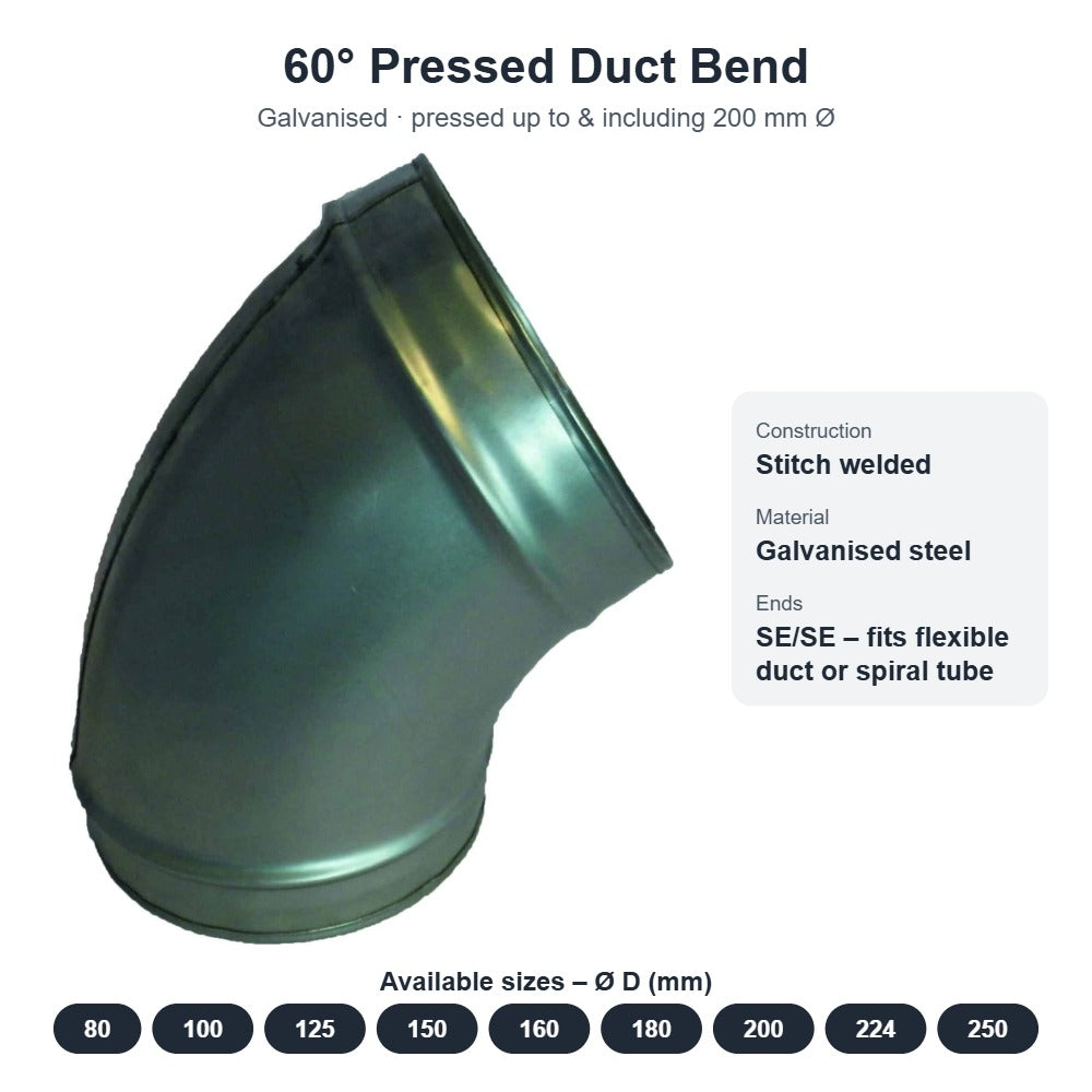 60° Pressed Duct Bend – Galvanised, 80mm to 250mm Diameter