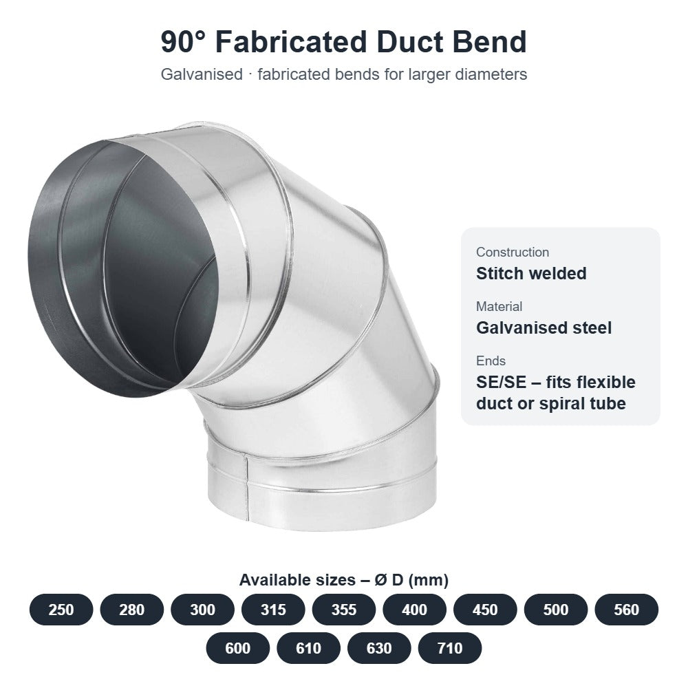 90° Fabricated Duct Bend – Galvanised, 250mm to 710mm Diameter