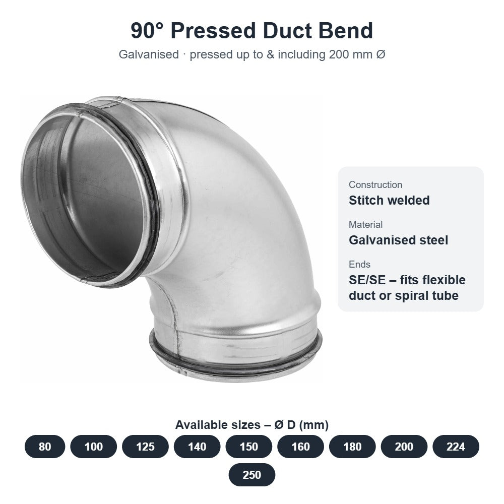 90° Pressed Duct Bend – Galvanised, 80mm to 250mm Diameter