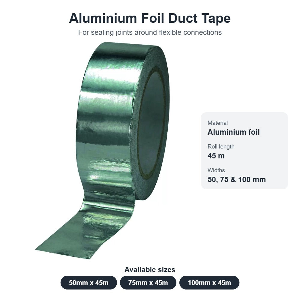 Aluminium Foil Duct Tape – 50mm to 100mm x 45m Rolls
