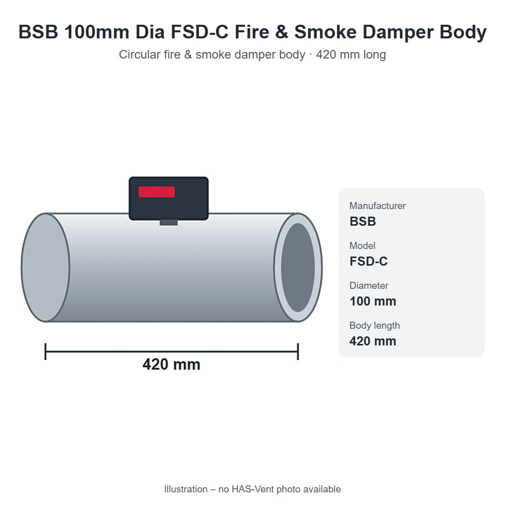 BSB 100mm Dia FSD-C Fire & Smoke Damper Body – 420mm Long
