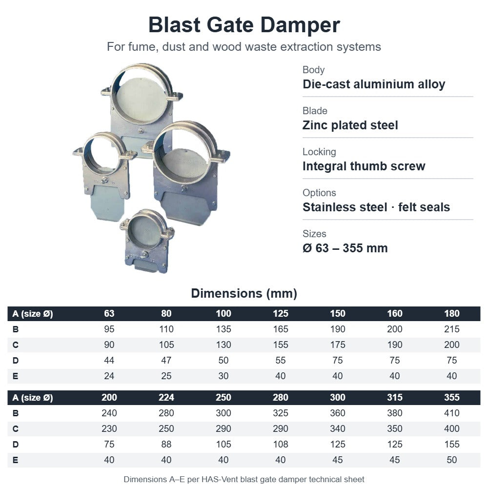 Blast Gate Damper for Extraction Ducting – 63mm to 355mm