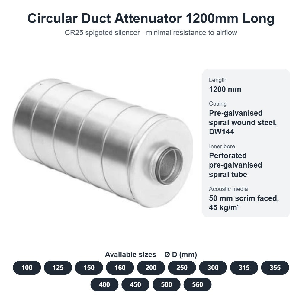 Circular Duct Attenuator 1200mm Long – Spigoted Silencer 100mm to 560mm