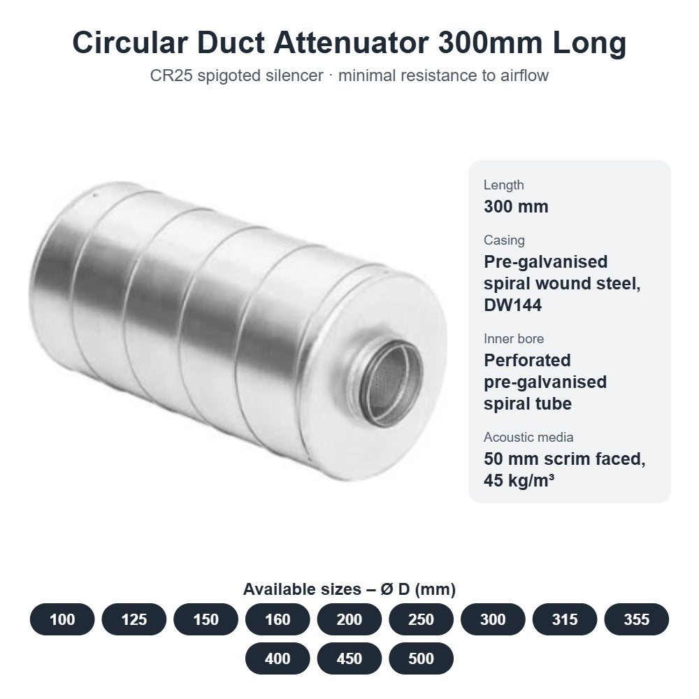 Circular Duct Attenuator 300mm Long – Spigoted Silencer 100mm to 500mm