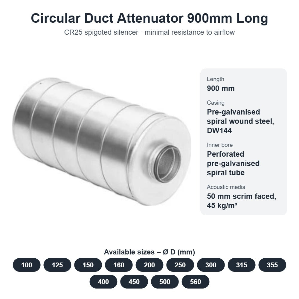 Circular Duct Attenuator 900mm Long – Spigoted Silencer 100mm to 560mm