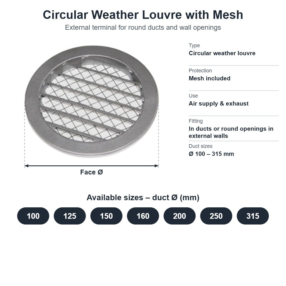 Circular Weather Louvre with Bird Mesh – 100mm to 315mm