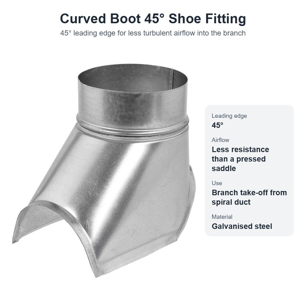 Curved Boot 45° Shoe Fitting for Spiral Duct – Galvanised