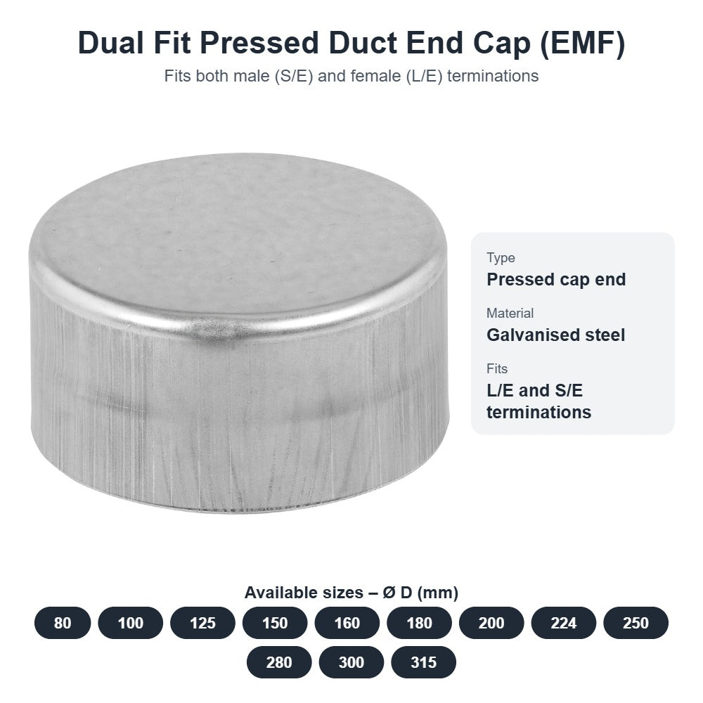 Dual Fit Pressed Duct End Cap (EMF) – Fits Male & Female Spiral Duct