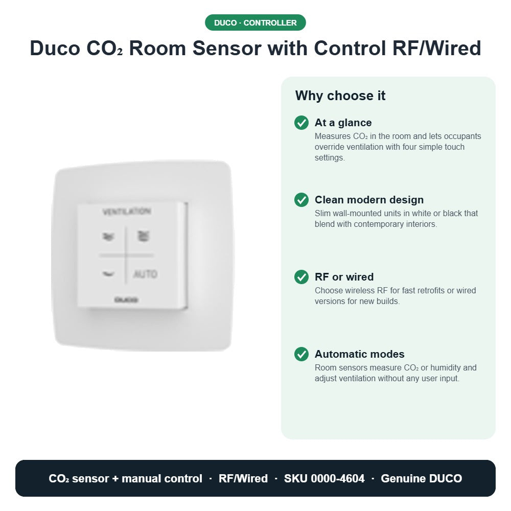 Duco CO₂ Room Sensor with Control RF/Wired – DUCO 0000-4604 key benefits