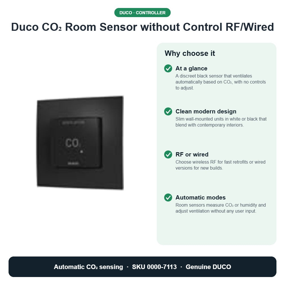Duco CO₂ Room Sensor without Control RF/Wired – DUCO 0000-7113 key benefits