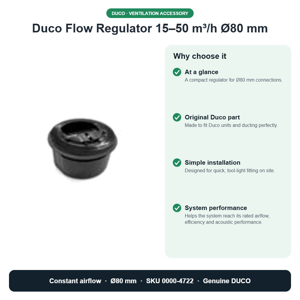 Duco Flow Regulator 15–50 m³/h Ø80 mm – DUCO 0000-4722 key benefits