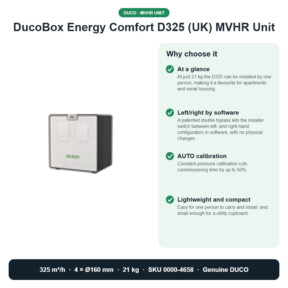 DucoBox Energy Comfort D325 (UK) MVHR Unit – DUCO 0000-4658 key benefits