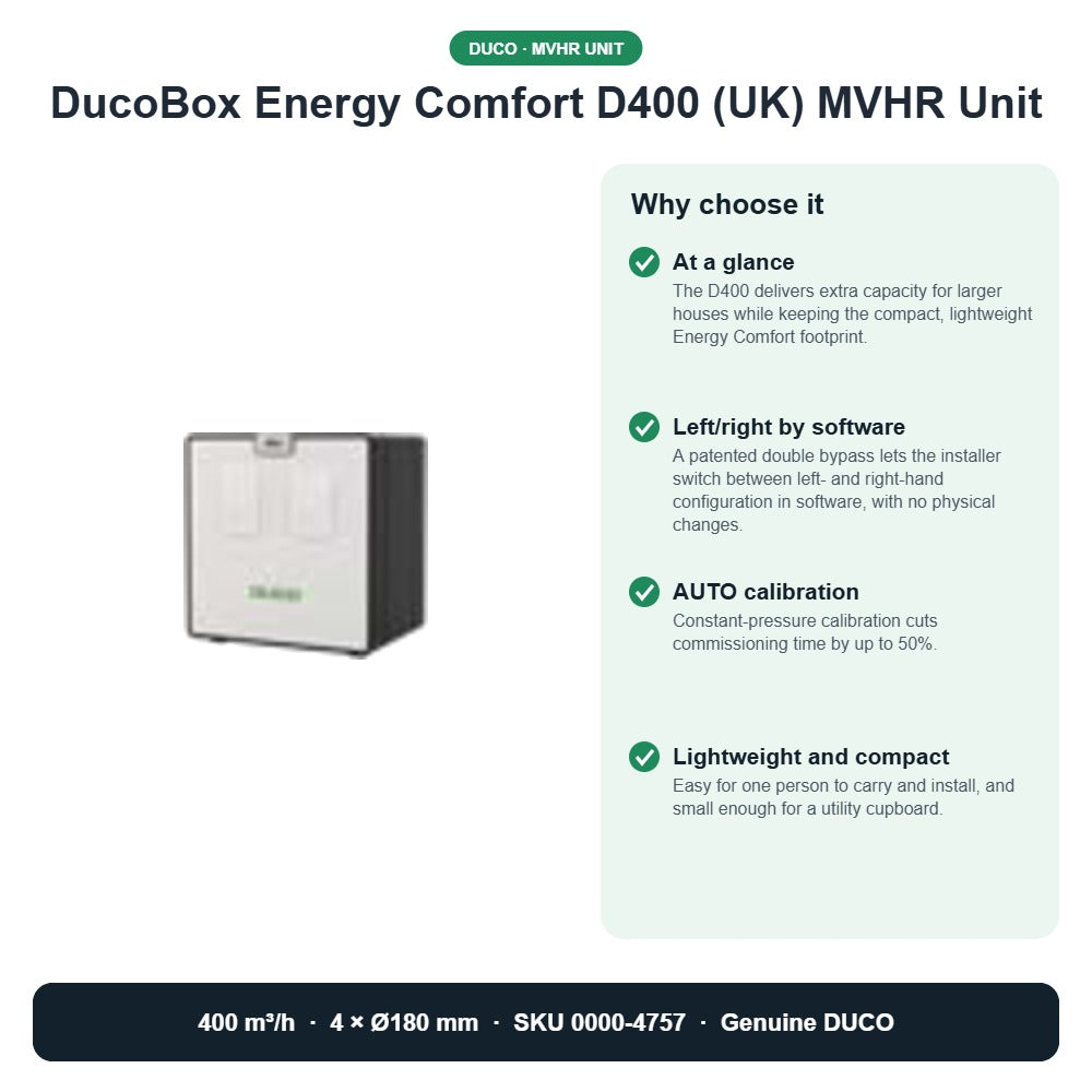DucoBox Energy Comfort D400 (UK) MVHR Unit – DUCO 0000-4757 key benefits