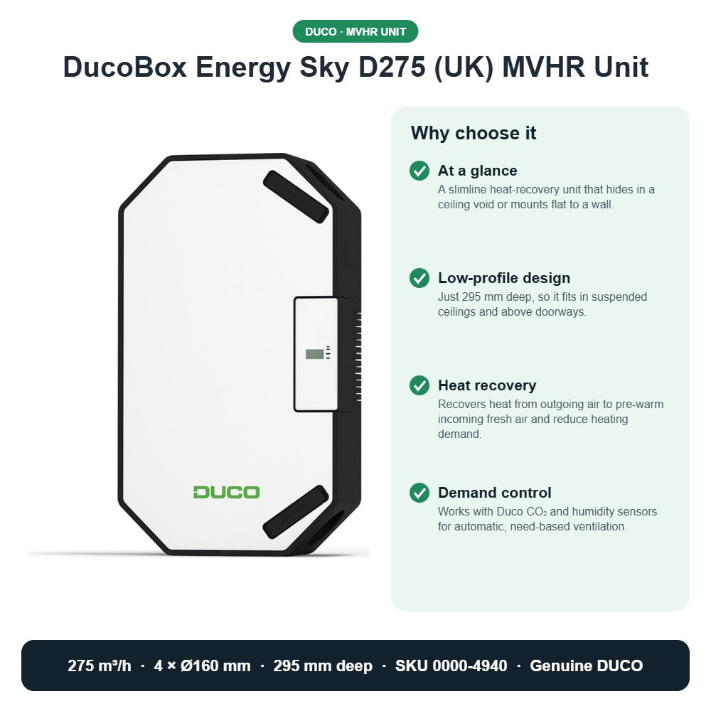 DucoBox Energy Sky D275 (UK) MVHR Unit – DUCO 0000-4940 key benefits