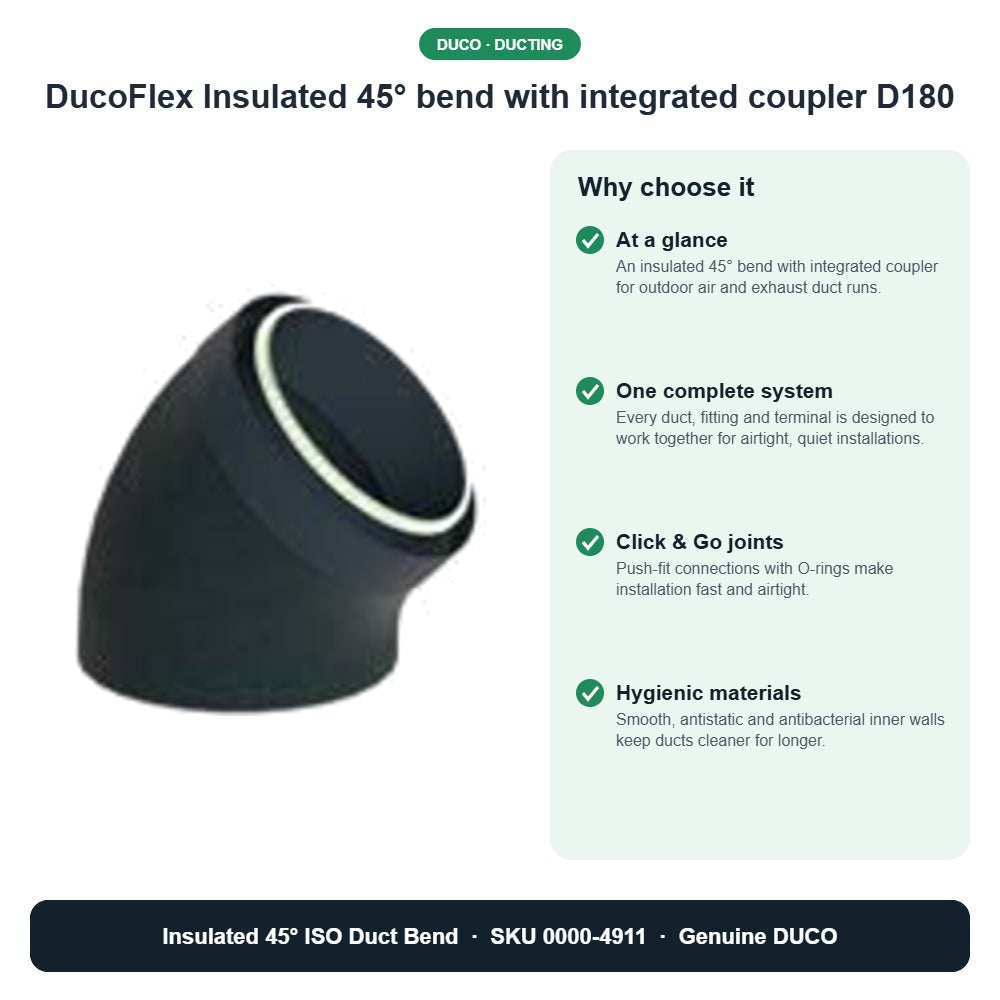 DucoFlex Insulated 45° bend with integrated coupler D180 – DUCO 0000-4911 key benefits
