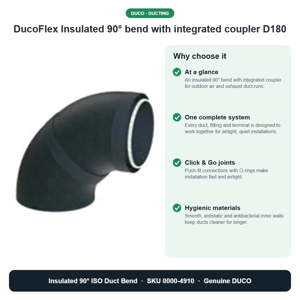DucoFlex Insulated 90° bend with integrated coupler D180 – DUCO 0000-4910 key benefits