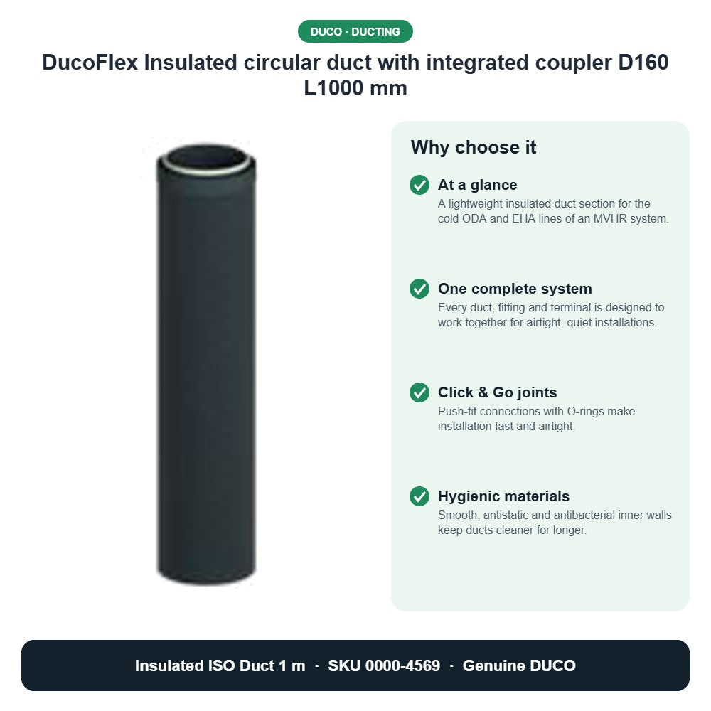 DucoFlex Insulated circular duct with integrated coupler D160 L1000 mm – DUCO 0000-4569 key benefits
