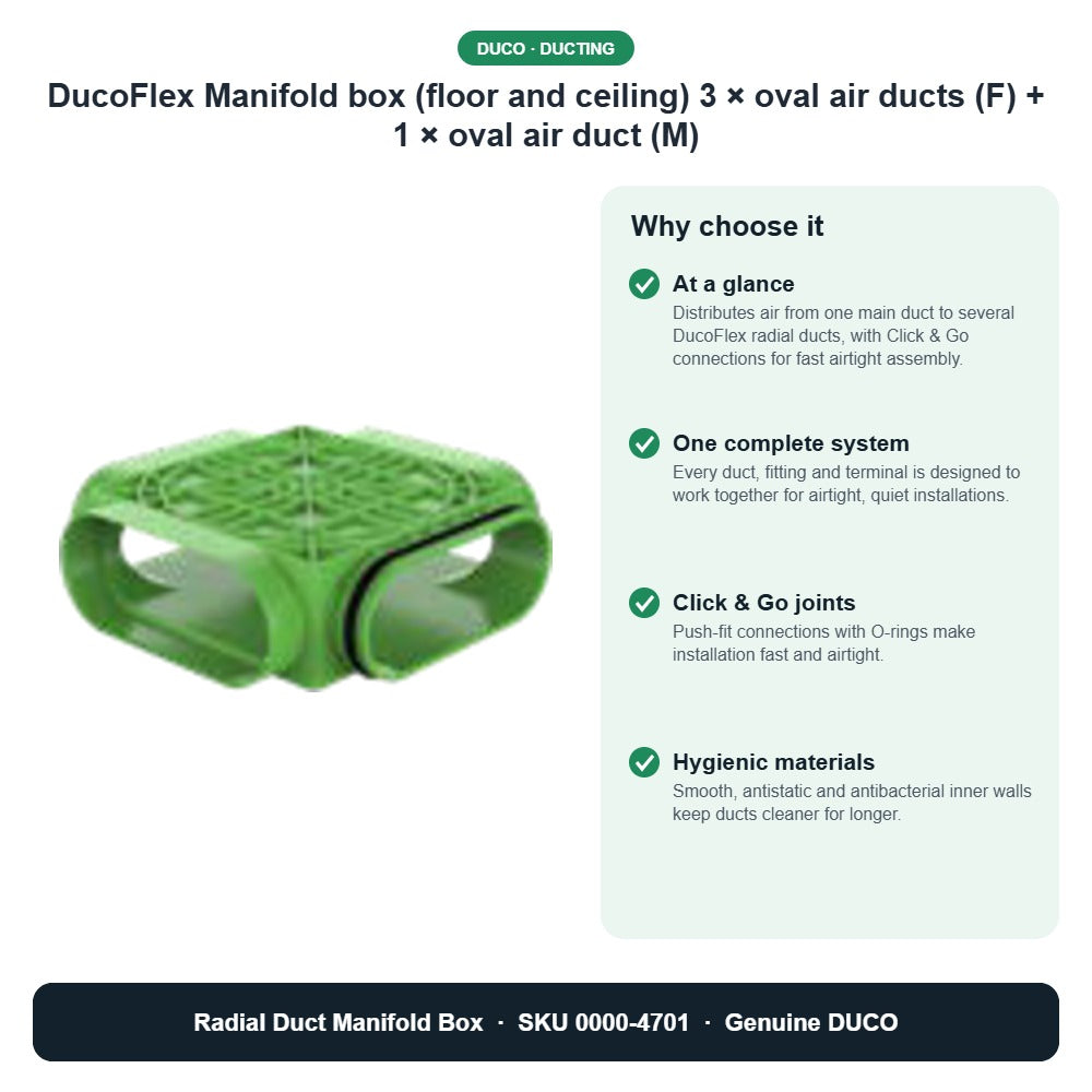 DucoFlex Manifold box (floor and ceiling) 3 × oval air ducts (F) + 1 × oval air duct (M) – DUCO 0000-4701 key benefits