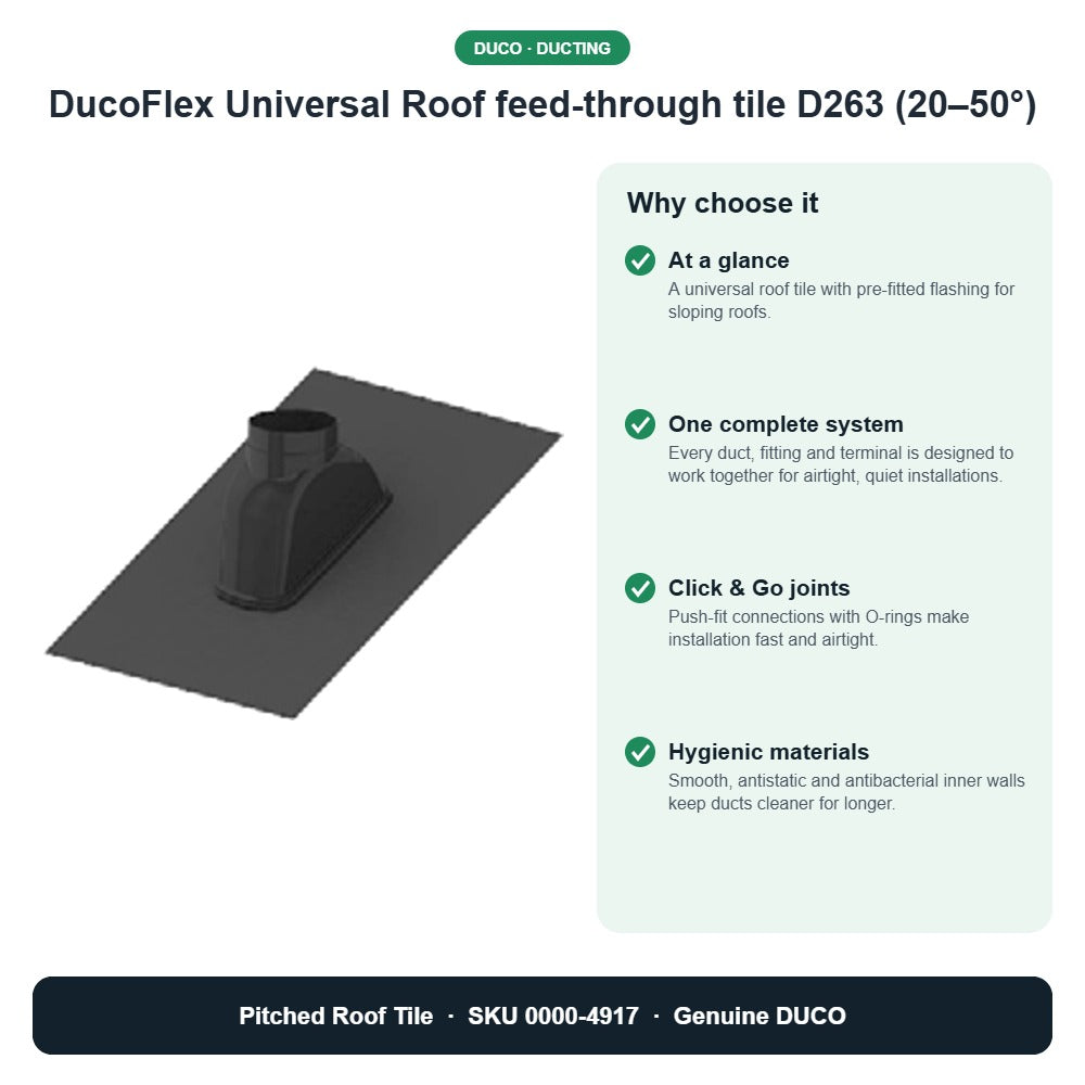 DucoFlex Universal Roof feed-through tile D263 (20–50°) – DUCO 0000-4917 key benefits