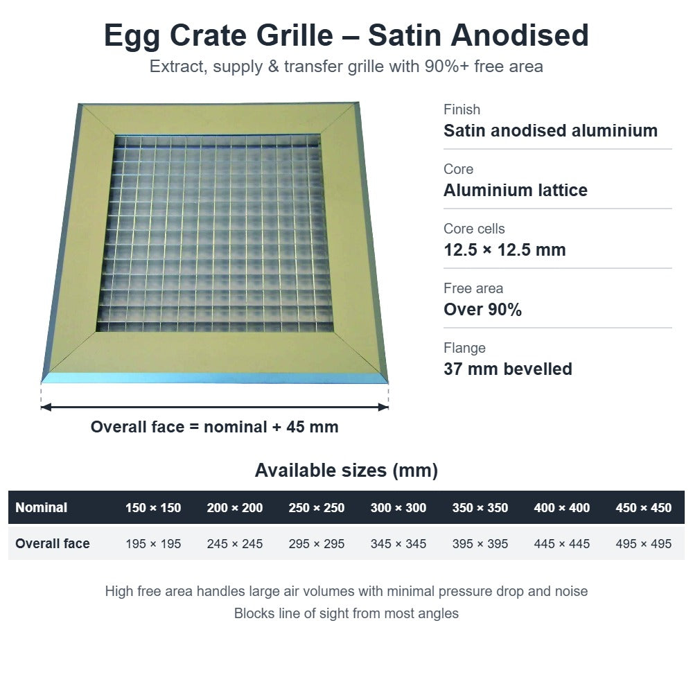 Egg Crate Extract Grille Satin Anodised Aluminium – 150x150 to 450x450mm