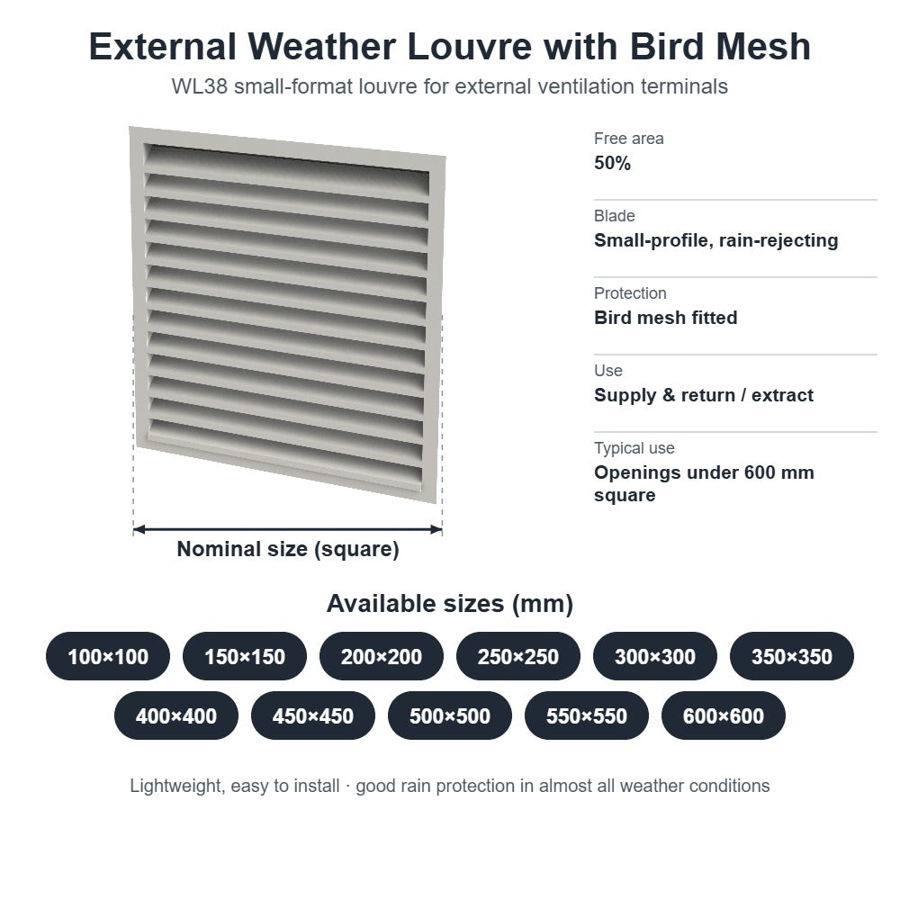 External Weather Louvre with Bird Mesh – 100x100 to 600x600mm