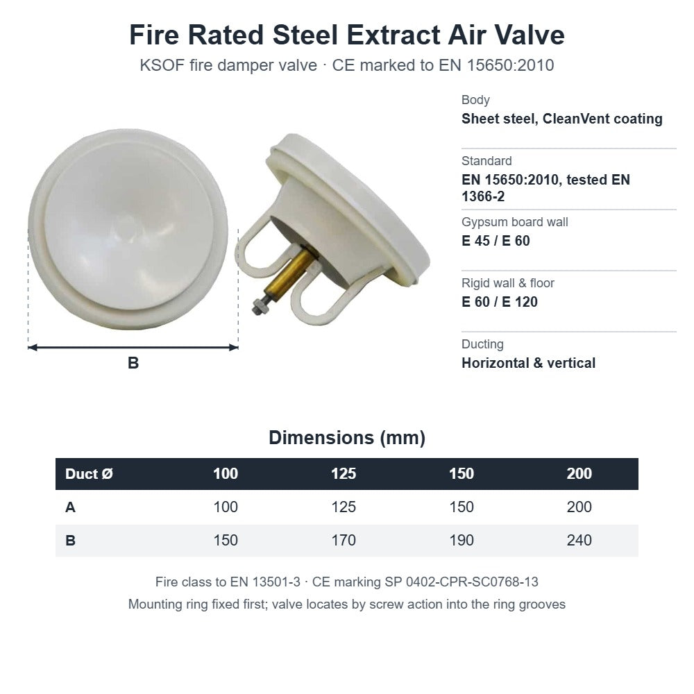 Fire Rated Steel Extract Air Valve (CE Certified) – 100mm to 200mm
