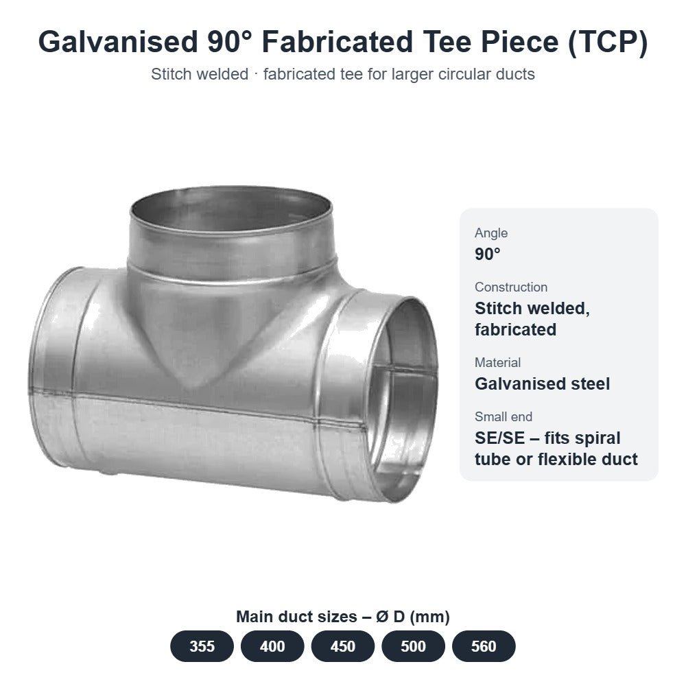 Galvanised 90° Fabricated Tee Piece (TCP) – Circular Duct Fitting