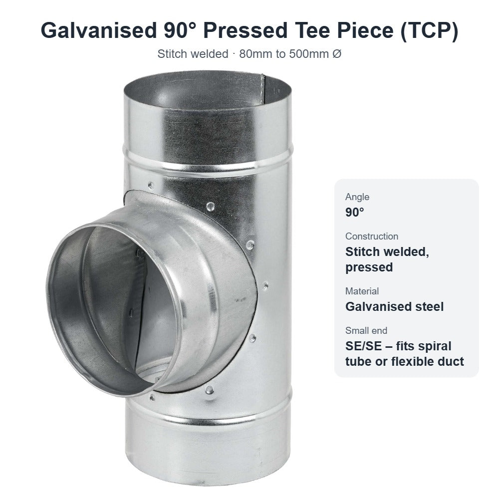 Galvanised 90° Pressed Tee Piece (TCP) – 80mm to 500mm Diameter