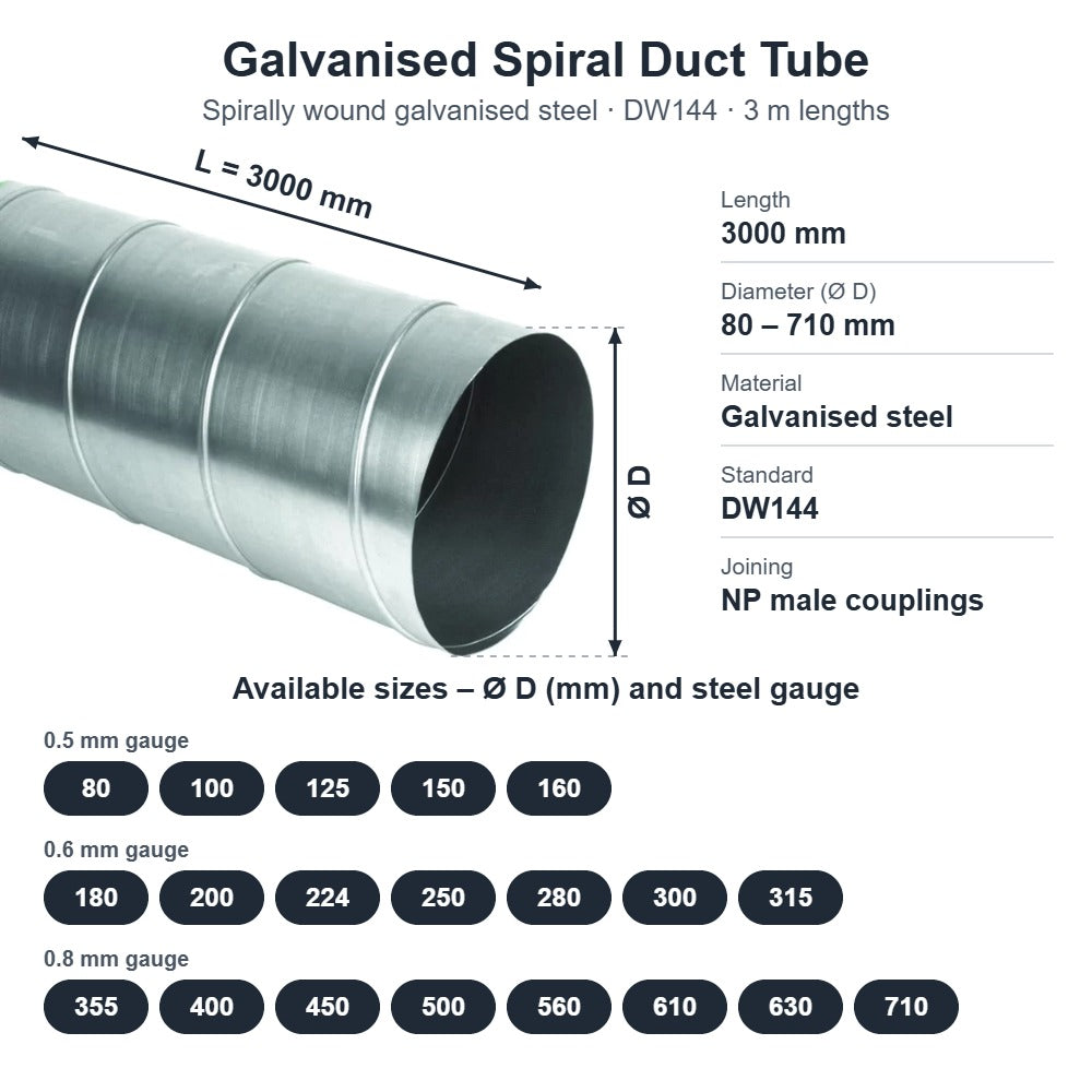 Galvanised Spiral Duct Tube 3m Lengths – 80mm to 710mm Diameter