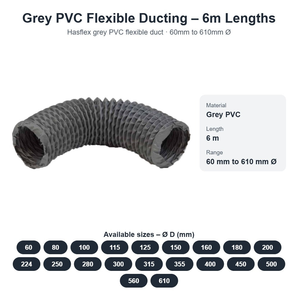 Grey PVC Flexible Ducting 6m Lengths – 60mm to 610mm Diameter