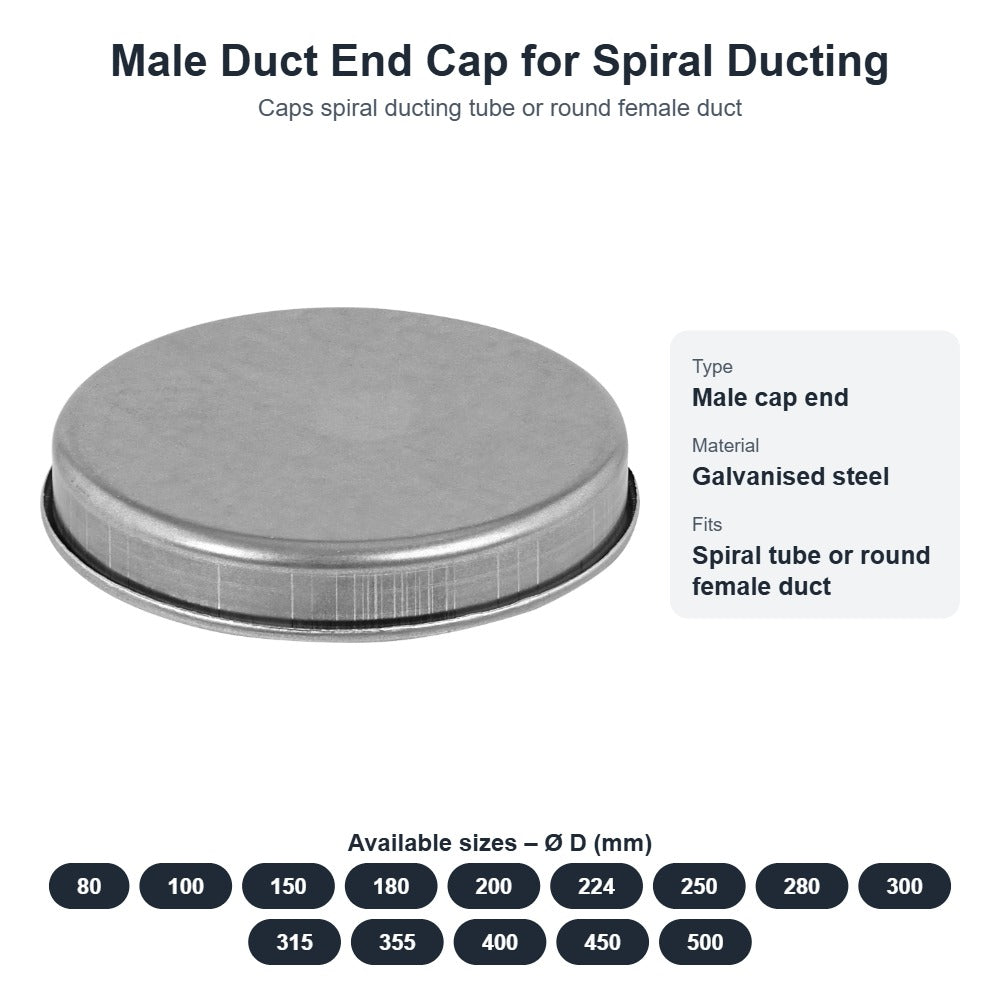Male Duct End Cap for Spiral Ducting – Galvanised Steel