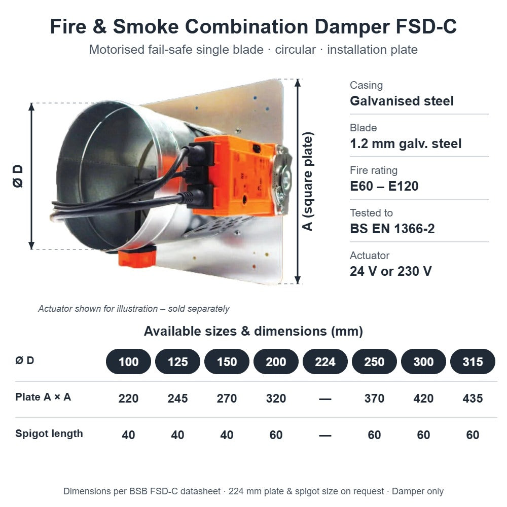 Motorised Fire & Smoke Combination Damper FSD-C – 100mm to 315mm