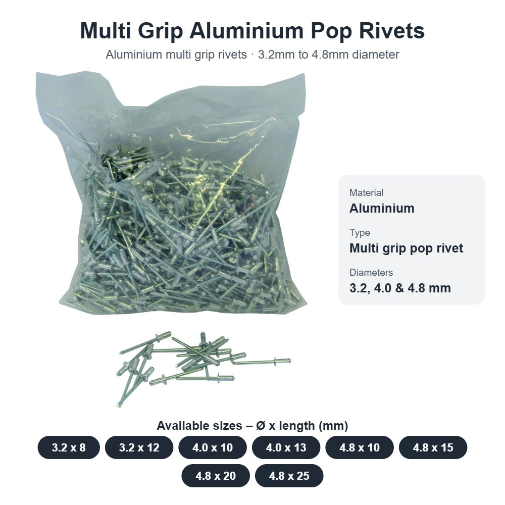 Multi Grip Aluminium Pop Rivets – 3.2mm to 4.8mm