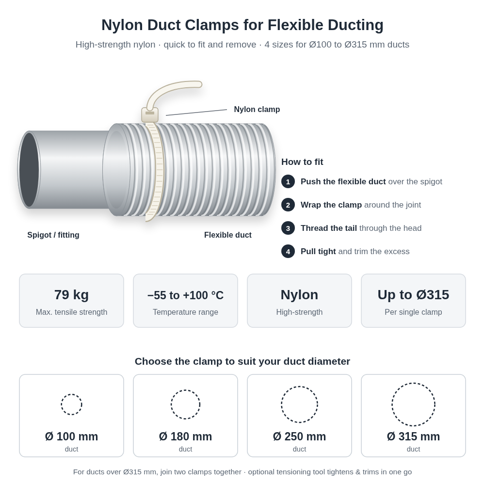 Nylon Duct Clamps for Flexible Ducting – 100mm to 315mm
