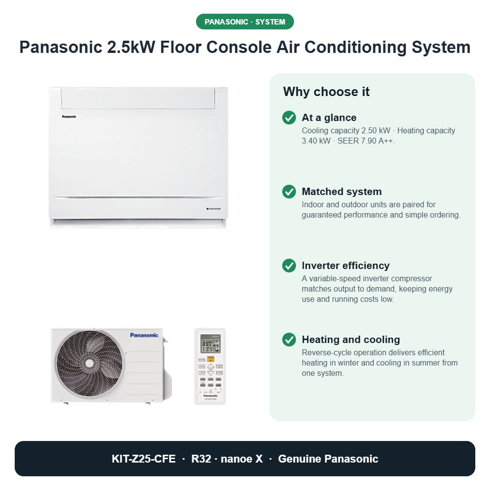 Panasonic 2.5kW Floor Console Air Conditioning System – KIT-Z25-CFE key benefits