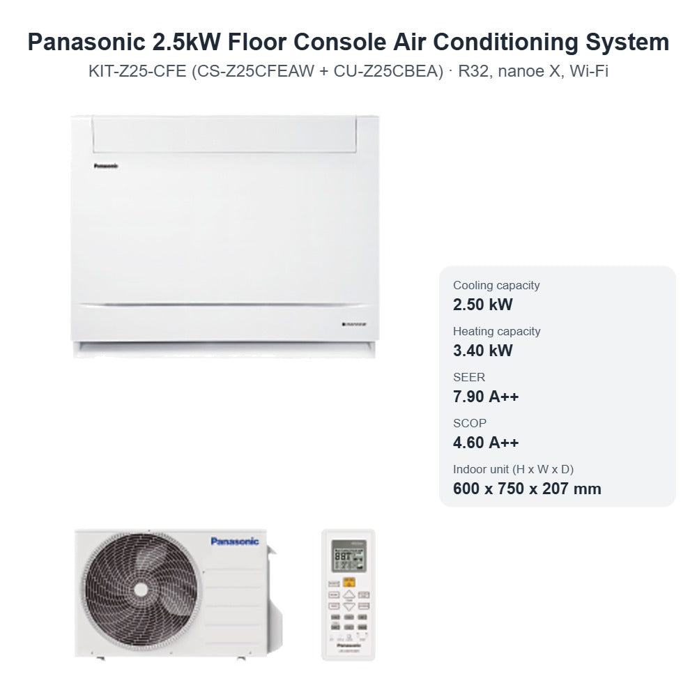 Panasonic 2.5kW Floor Console Air Conditioning System CS-Z25CFEAW + CU-Z25CBEA – R32, nanoe X, Wi-Fi