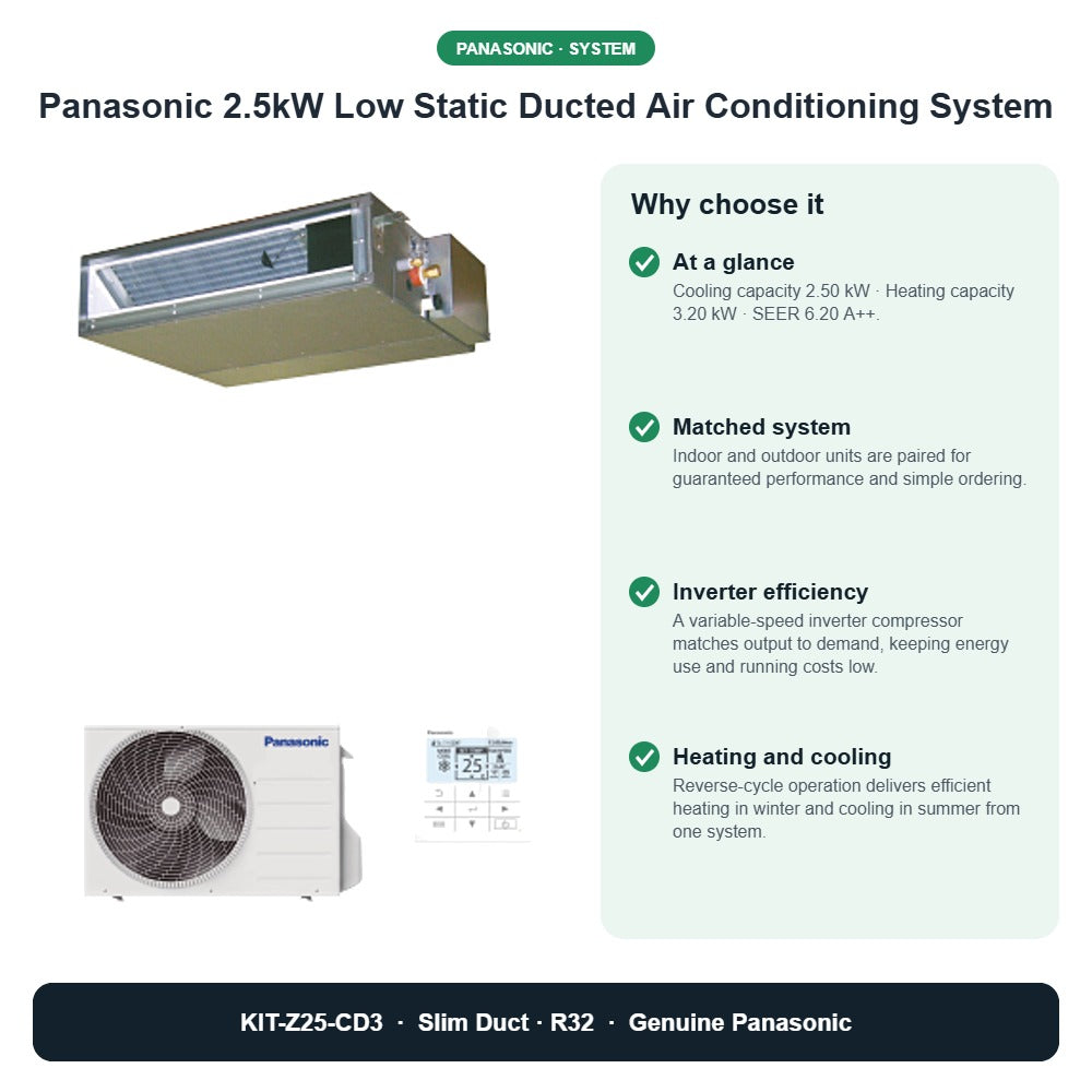 Panasonic 2.5kW Low Static Ducted Air Conditioning System – KIT-Z25-CD3 key benefits