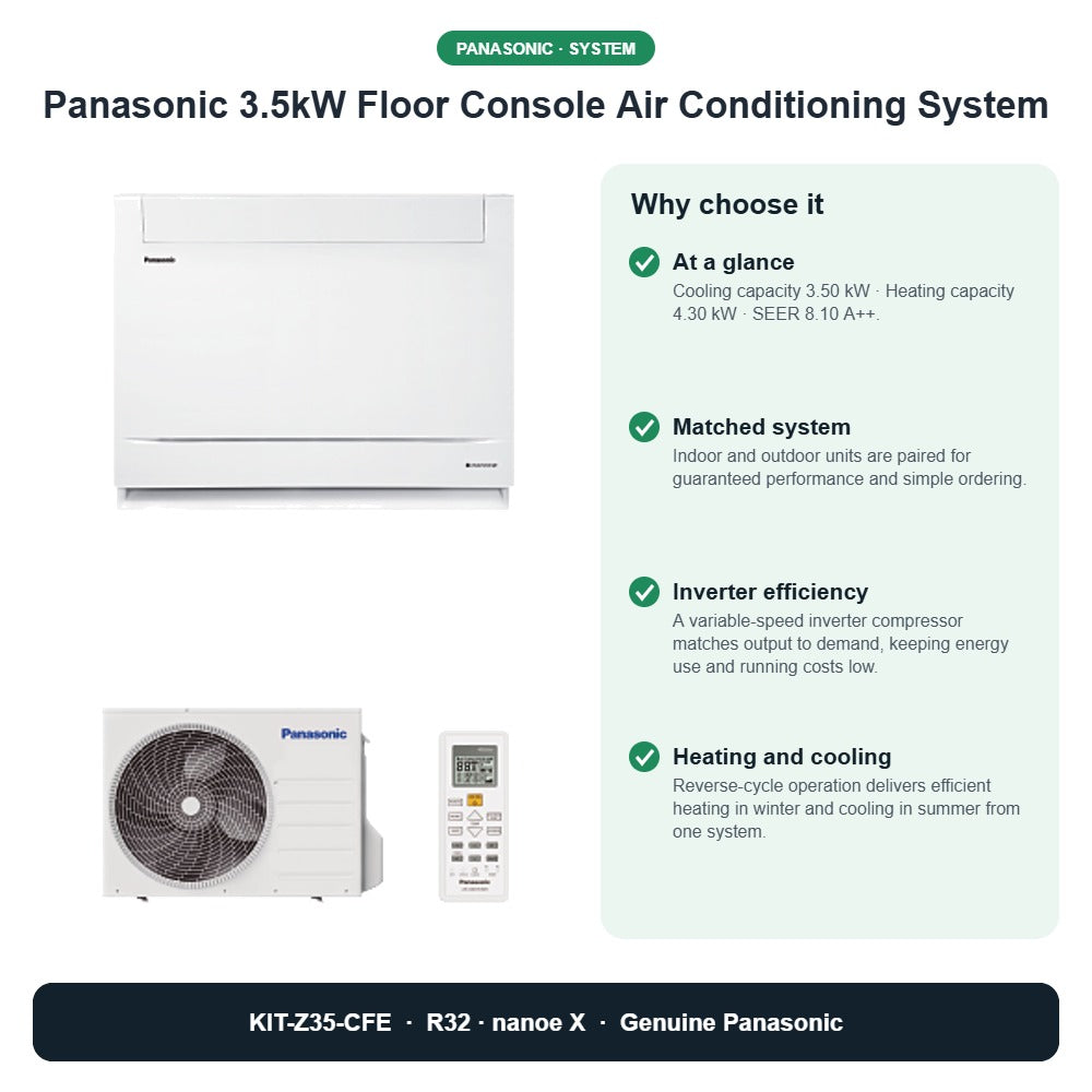 Panasonic 3.5kW Floor Console Air Conditioning System – KIT-Z35-CFE key benefits
