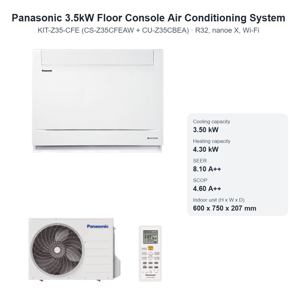 Panasonic 3.5kW Floor Console Air Conditioning System CS-Z35CFEAW + CU-Z35CBEA – R32, nanoe X, Wi-Fi