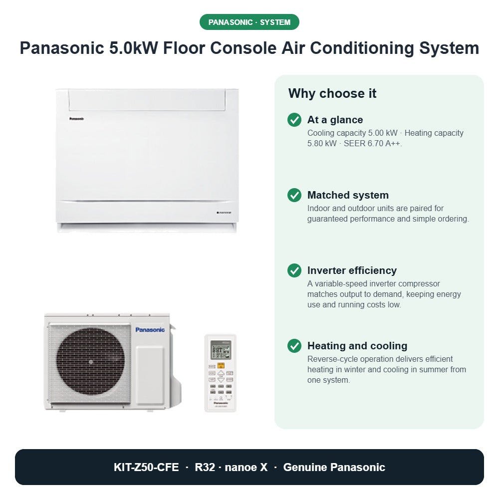 Panasonic 5.0kW Floor Console Air Conditioning System – KIT-Z50-CFE key benefits