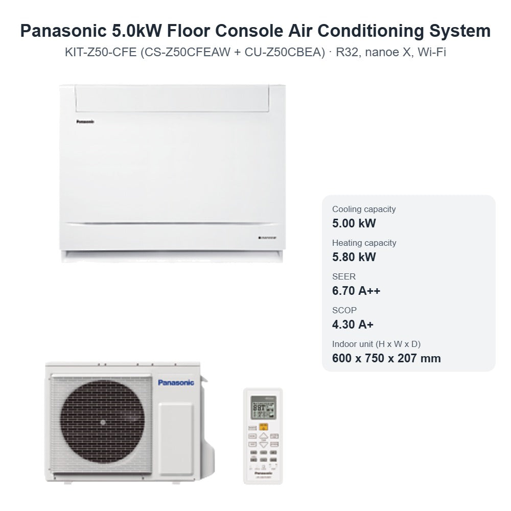 Panasonic 5.0kW Floor Console Air Conditioning System CS-Z50CFEAW + CU-Z50CBEA – R32, nanoe X, Wi-Fi