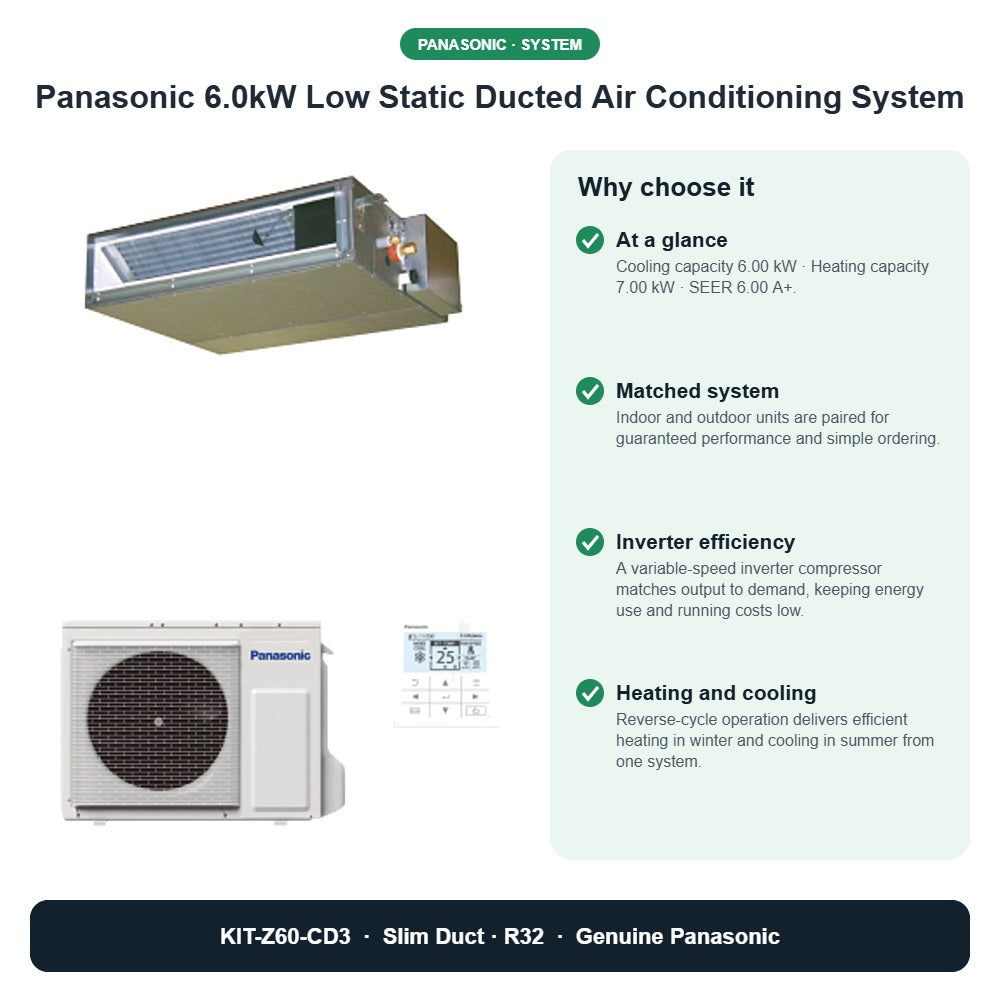 Panasonic 6.0kW Low Static Ducted Air Conditioning System – KIT-Z60-CD3 key benefits