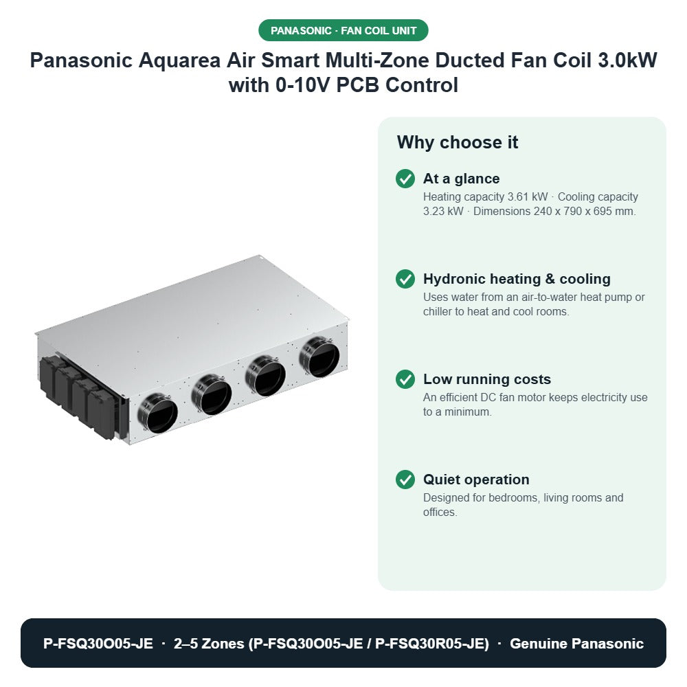 Panasonic Aquarea Air Smart Multi-Zone Ducted Fan Coil 3.0kW with 0-10V PCB Control – P-FSQ30O05-JE key benefits