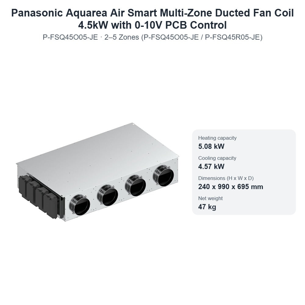Panasonic Aquarea Air Smart Multi-Zone Ducted Fan Coil 4.5kW with 0-10V PCB Control – 2–5 Zones (P-FSQ45O05-JE / P-FSQ45R05-JE)