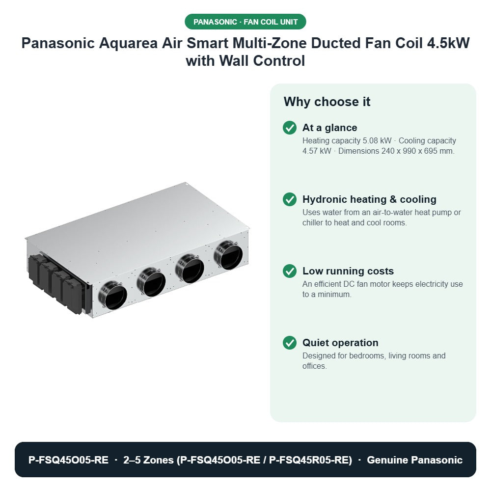 Panasonic Aquarea Air Smart Multi-Zone Ducted Fan Coil 4.5kW with Wall Control – P-FSQ45O05-RE key benefits