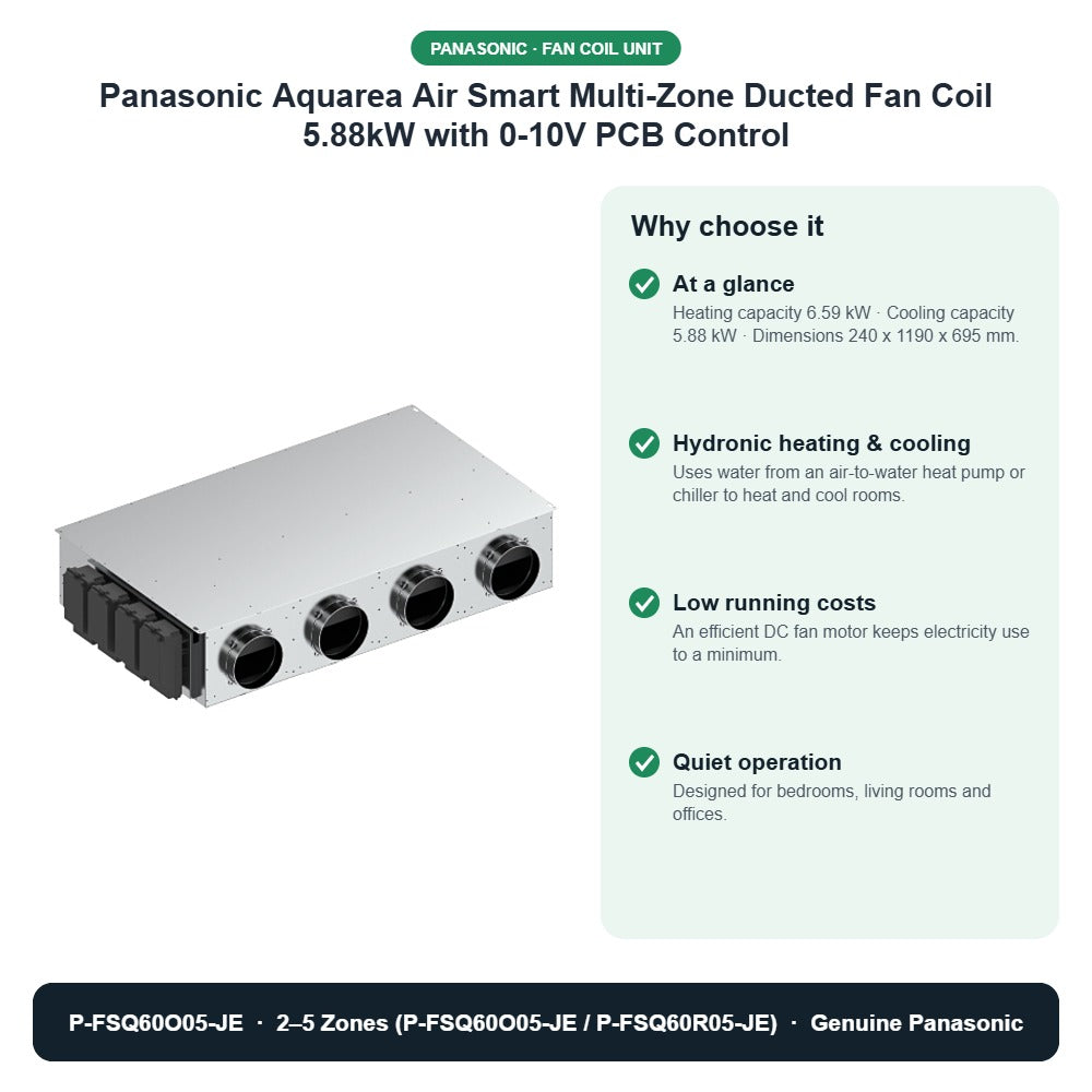 Panasonic Aquarea Air Smart Multi-Zone Ducted Fan Coil 5.88kW with 0-10V PCB Control – P-FSQ60O05-JE key benefits