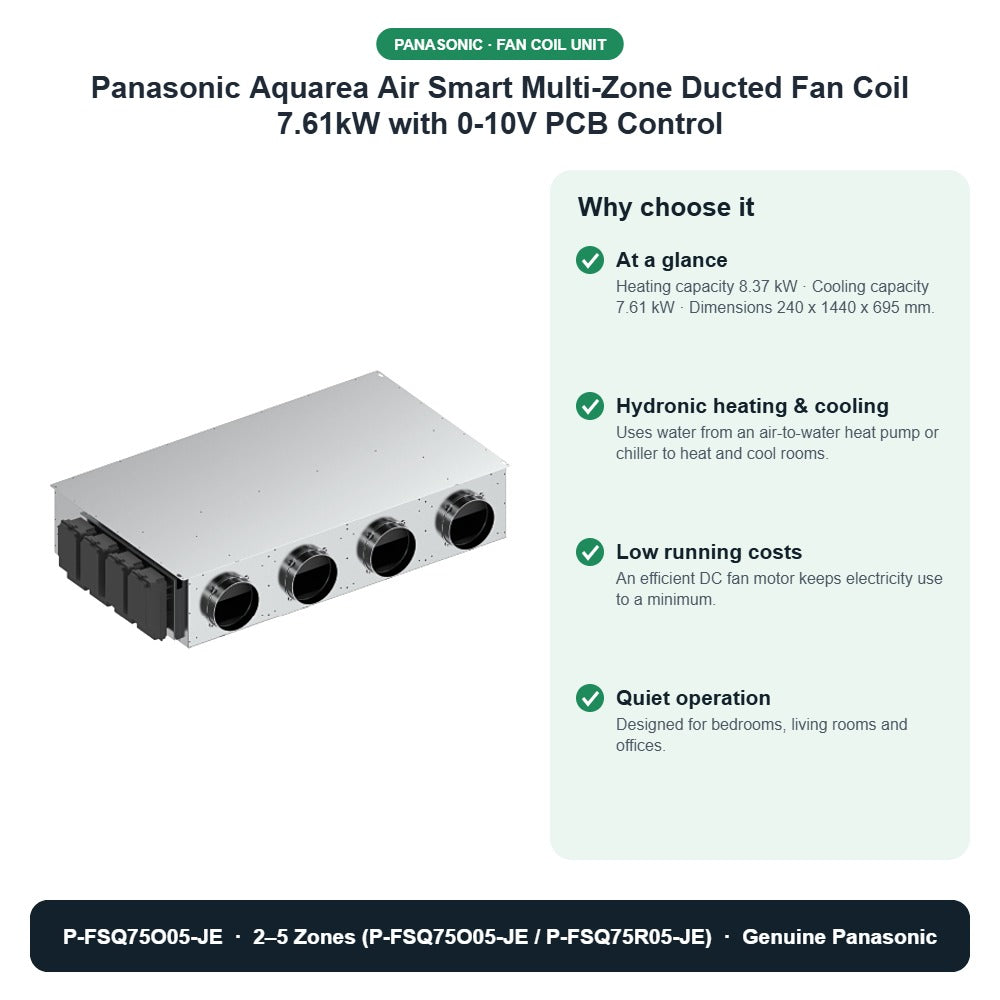 Panasonic Aquarea Air Smart Multi-Zone Ducted Fan Coil 7.61kW with 0-10V PCB Control – P-FSQ75O05-JE key benefits